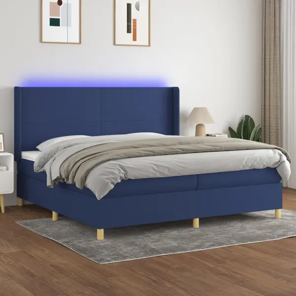 Gossi pat cu arcuri, saltea si led, albastru, 200x200 cm, textil