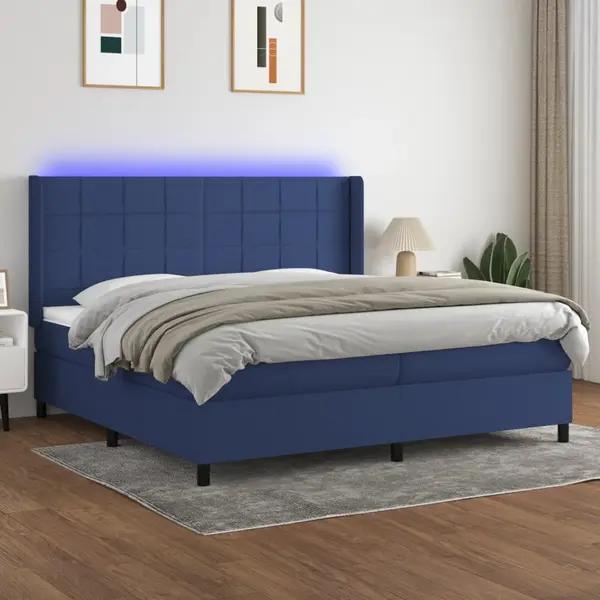 Gossi pat cu arcuri, saltea si led, albastru, 200x200 cm, textil