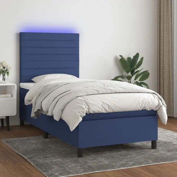 Gossi pat cu arcuri, saltea si led, albastru, 80x200 cm, textil