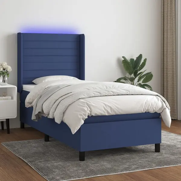Gossi pat cu arcuri, saltea si led, albastru, 80x200 cm, textil