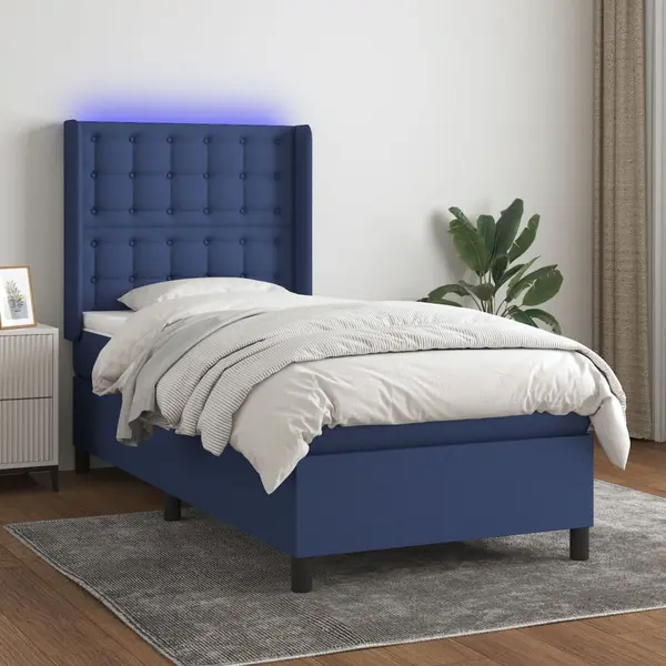 Gossi pat cu arcuri, saltea si led, albastru, 80x200 cm, textil