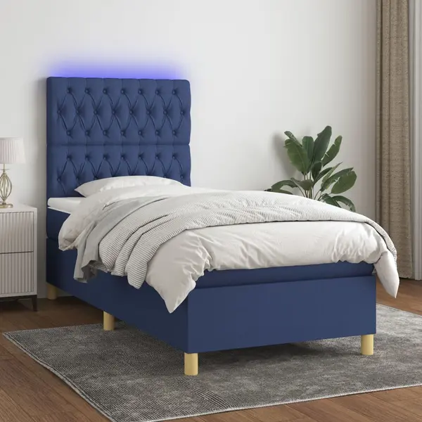 Gossi pat cu arcuri, saltea si led, albastru, 90x200 cm, textil