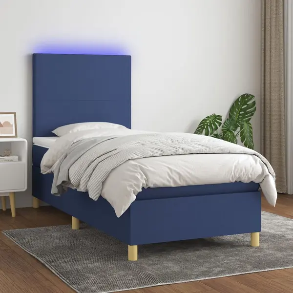 Gossi pat cu arcuri, saltea si led, albastru, 90x200 cm, textil
