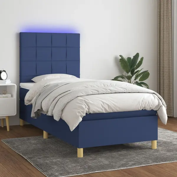 Gossi pat cu arcuri, saltea si led, albastru, 90x200 cm, textil