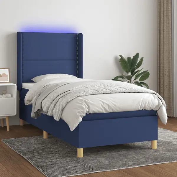 Gossi pat cu arcuri, saltea si led, albastru, 90x200 cm, textil