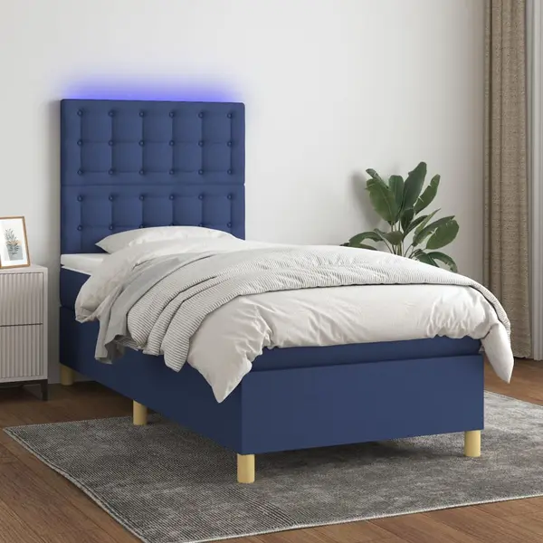 Gossi pat cu arcuri, saltea si led, albastru, 90x200 cm, textil