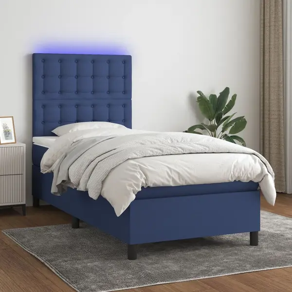 Gossi pat cu arcuri, saltea si led, albastru, 90x200 cm, textil