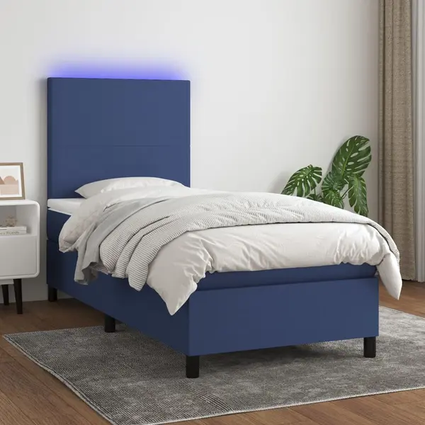Gossi pat cu arcuri, saltea si led, albastru, 90x200 cm, textil
