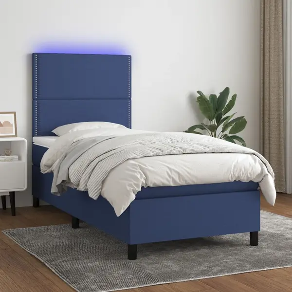 Gossi pat cu arcuri, saltea si led, albastru, 90x200 cm, textil