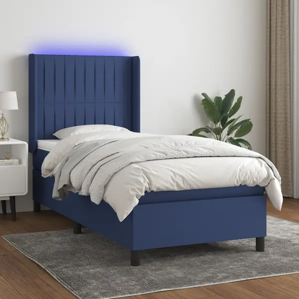 Gossi pat cu arcuri, saltea si led, albastru, 90x200 cm, textil