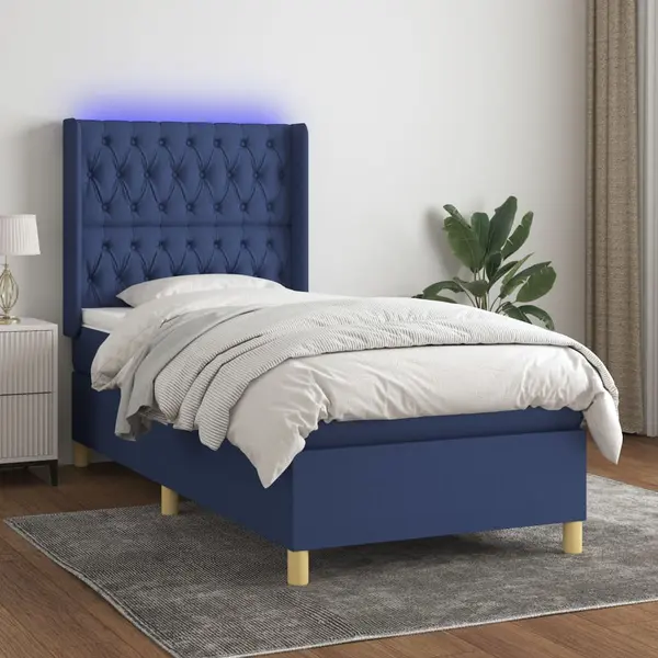 Gossi pat cu arcuri, saltea si led, albastru, 90x200 cm, textil