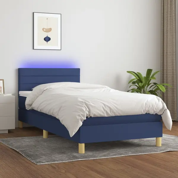Gossi pat cu arcuri, saltea si led, albastru, 90x200 cm, textil