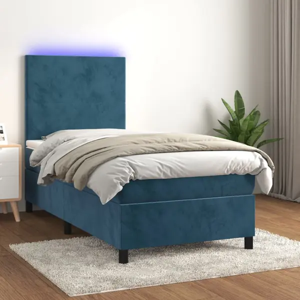 Gossi pat cu arcuri, saltea si led, bleumarin, 100x200 cm, catifea