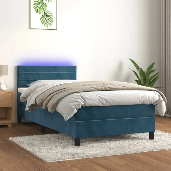 Gossi pat cu arcuri, saltea si led, bleumarin, 100x200 cm, catifea
