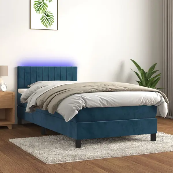 Gossi pat cu arcuri, saltea si led, bleumarin, 100x200 cm, catifea