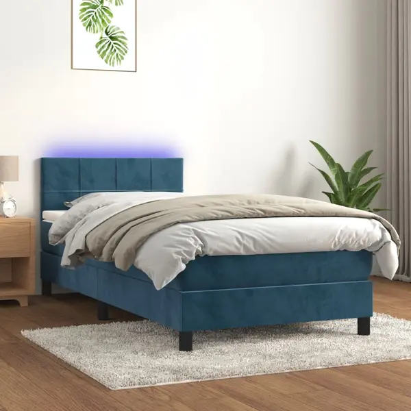 Gossi pat cu arcuri, saltea si led, bleumarin, 100x200 cm, catifea