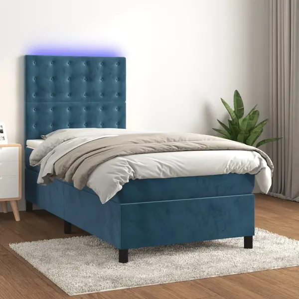 Gossi pat cu arcuri, saltea si led, bleumarin, 100x200 cm, catifea