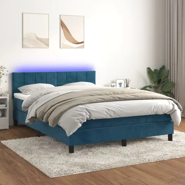 Gossi pat cu arcuri, saltea si led, bleumarin, 140x190 cm, catifea