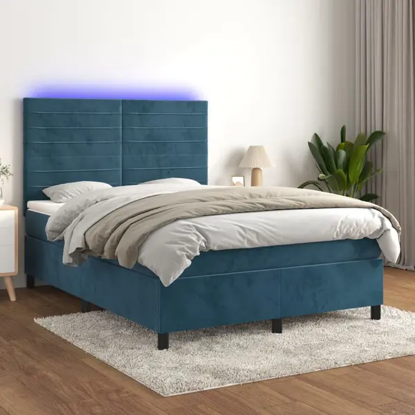 Gossi pat cu arcuri, saltea si led, bleumarin, 140x190 cm, catifea