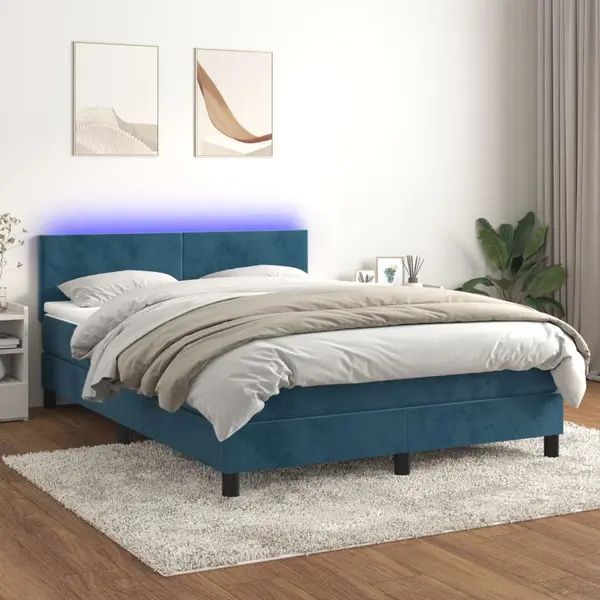 Gossi pat cu arcuri, saltea si led, bleumarin, 140x190 cm, catifea