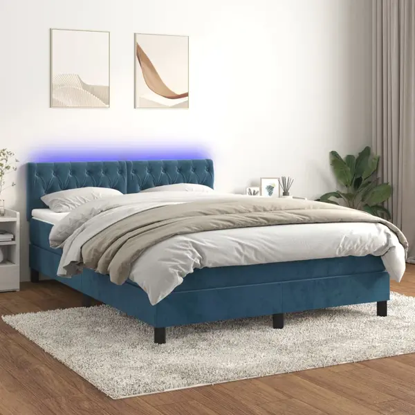 Gossi pat cu arcuri, saltea si led, bleumarin, 140x190 cm, catifea