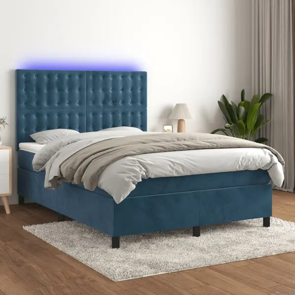 Gossi pat cu arcuri, saltea si led, bleumarin, 140x190 cm, catifea