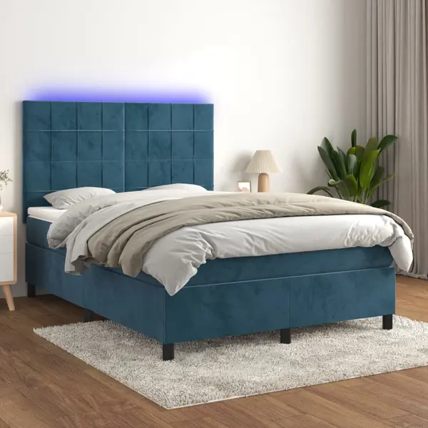 Gossi pat cu arcuri, saltea si led, bleumarin, 140x190 cm, catifea