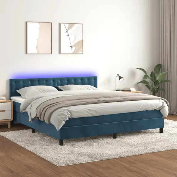 Gossi pat cu arcuri, saltea si led, bleumarin, 180x200 cm, catifea