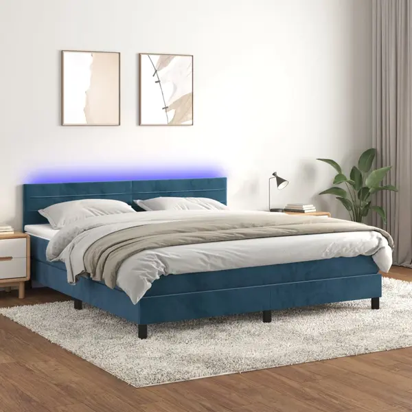 Gossi pat cu arcuri, saltea si led, bleumarin, 180x200 cm, catifea