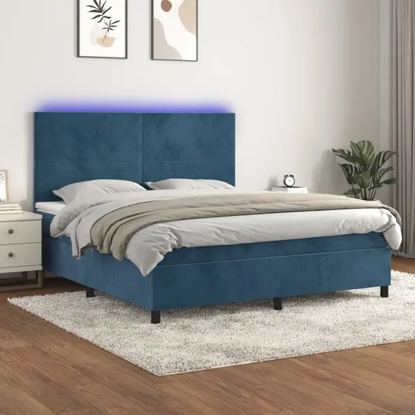 Gossi pat cu arcuri, saltea si led, bleumarin, 180x200 cm, catifea