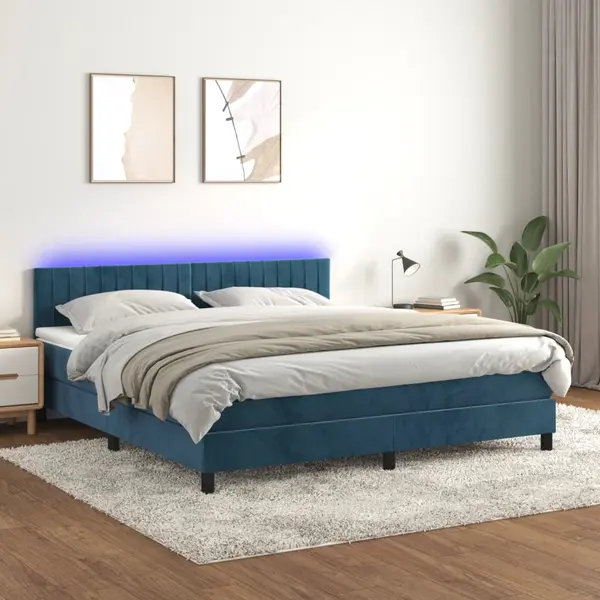 Gossi pat cu arcuri, saltea si led, bleumarin, 180x200 cm, catifea