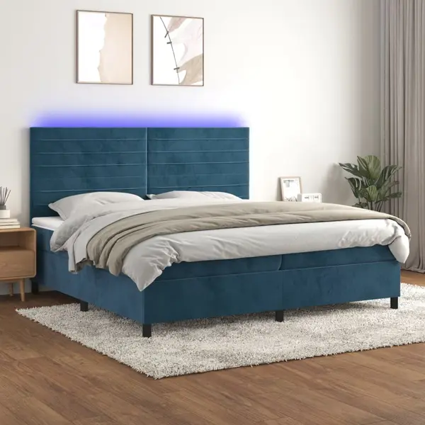 Gossi pat cu arcuri, saltea si led, bleumarin, 200x200 cm, catifea