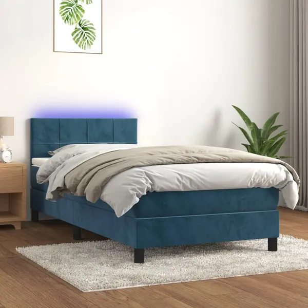 Gossi pat cu arcuri, saltea si led, bleumarin, 90x190 cm, catifea