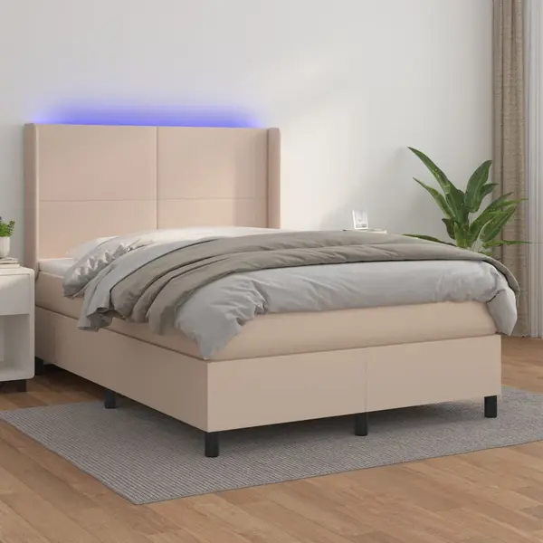 Gossi pat cu arcuri, saltea si led, cappuccino, 140x200cm, piele eco