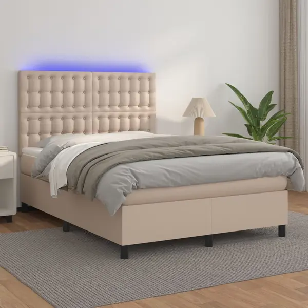 Gossi pat cu arcuri, saltea si led, cappuccino, 140x200cm, piele eco