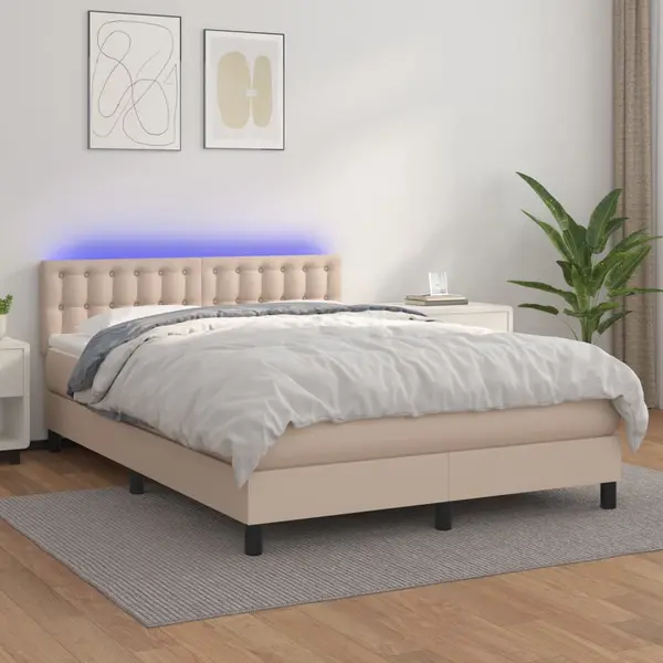 Gossi pat cu arcuri, saltea si led, cappuccino, 140x200cm, piele eco