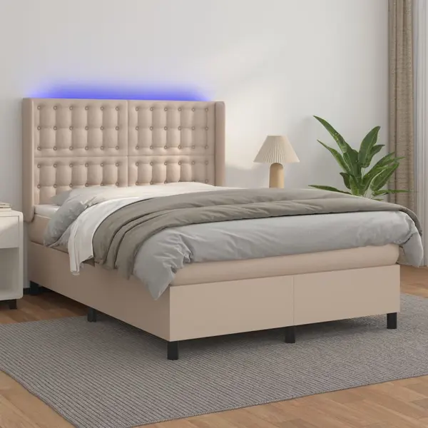 Gossi pat cu arcuri, saltea si led, cappuccino, 140x200cm, piele eco