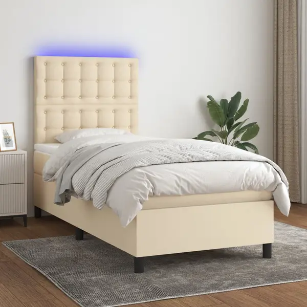 Gossi pat cu arcuri, saltea si led, crem, 100x200 cm, textil