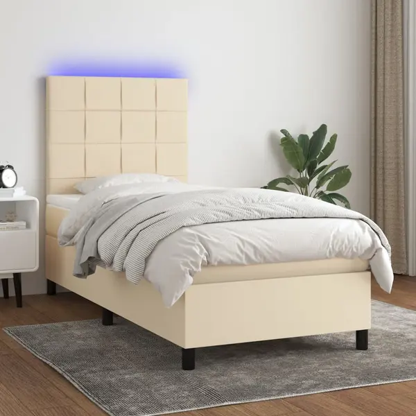 Gossi pat cu arcuri, saltea si led, crem, 100x200 cm, textil