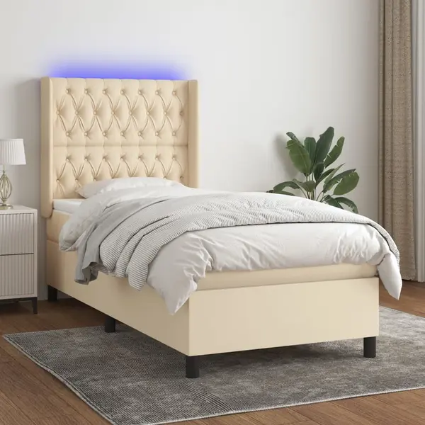 Gossi pat cu arcuri, saltea si led, crem, 100x200 cm, textil