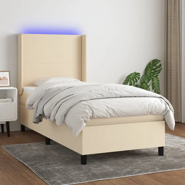 Gossi pat cu arcuri, saltea si led, crem, 100x200 cm, textil
