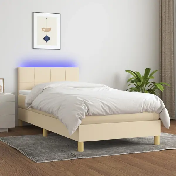 Gossi pat cu arcuri, saltea si led, crem, 100x200 cm, textil