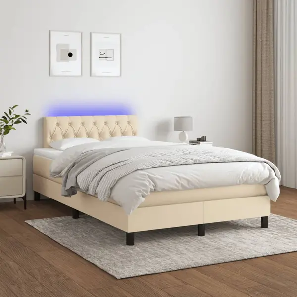 Gossi pat cu arcuri, saltea si led, crem, 120x200 cm, textil