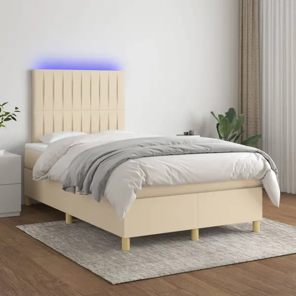 Gossi pat cu arcuri, saltea si led, crem, 120x200 cm, textil