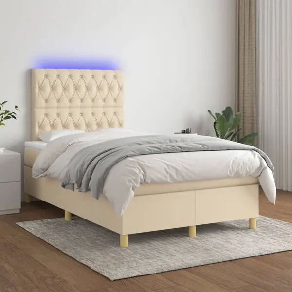 Gossi pat cu arcuri, saltea si led, crem, 120x200 cm, textil