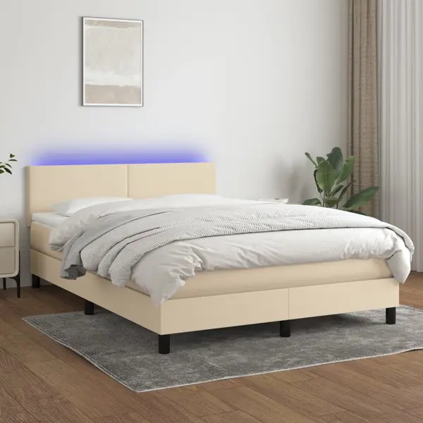 Gossi pat cu arcuri, saltea si led, crem, 140x200 cm, textil
