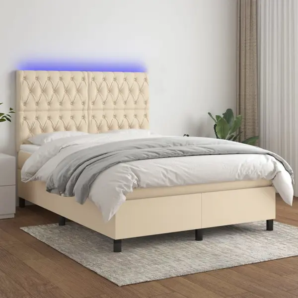Gossi pat cu arcuri, saltea si led, crem, 140x200 cm, textil