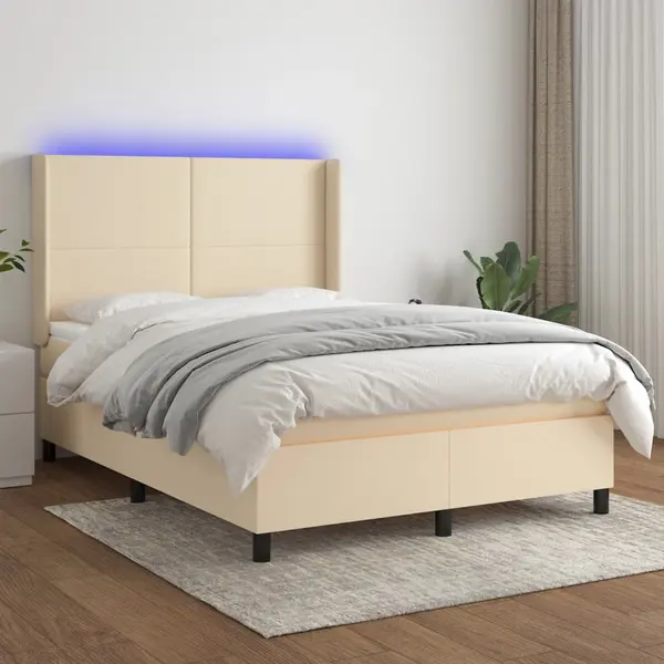 Gossi pat cu arcuri, saltea si led, crem, 140x200 cm, textil