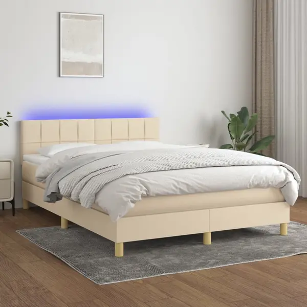 Gossi pat cu arcuri, saltea si led, crem, 140x200 cm, textil