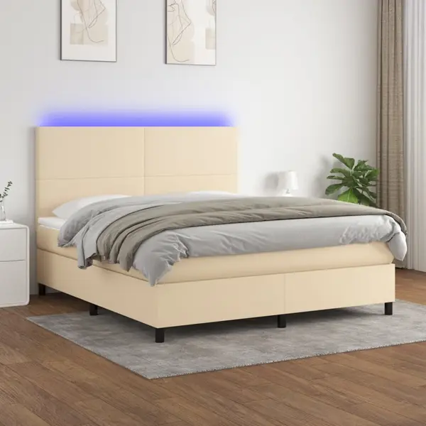 Gossi pat cu arcuri, saltea si led, crem, 160x200 cm, textil